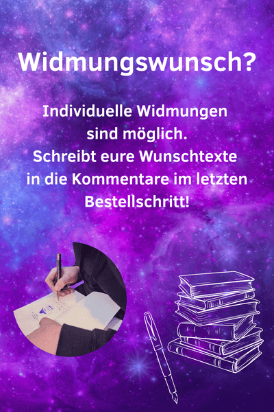 Text "Widmungswunsch? Individuelle Widmungen sind möglich. Schreibt eure Wunschtexte in die Kommentare im letzten Bestellschritt!", darunter ein rundes Foto einer Bücher signierenden Person, daneben Grafiken eines Bücherstapels und Füllers.