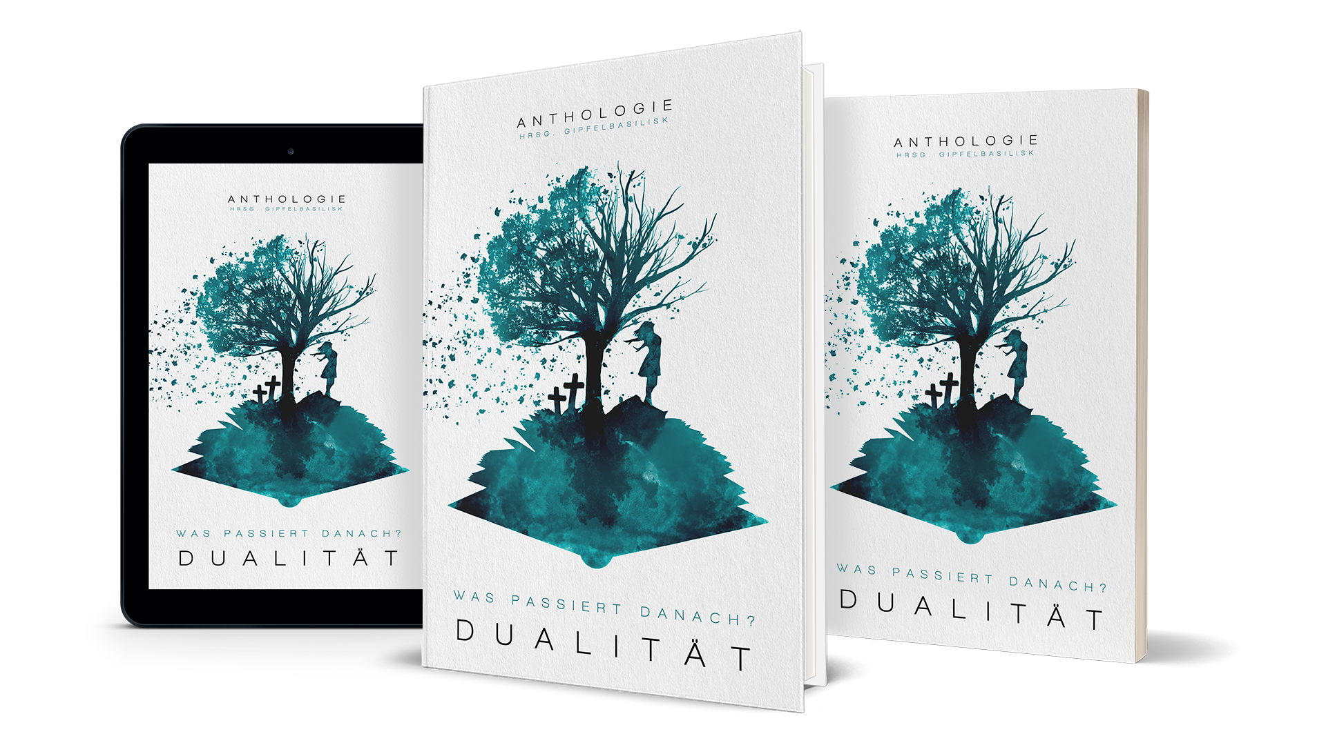 Mockups des Was passiert danach? Covers das Bild ist Petrol auf Weiß - eine Frau steht lebensbejahend auf einem Buch aus dem ein Baum entsprießt. Die eine Seite des Baumes ist belaubt die andere nicht. Auf ihrer gegenüberliegenden Seite sind Silhouetten von Gräbern angedeutet.